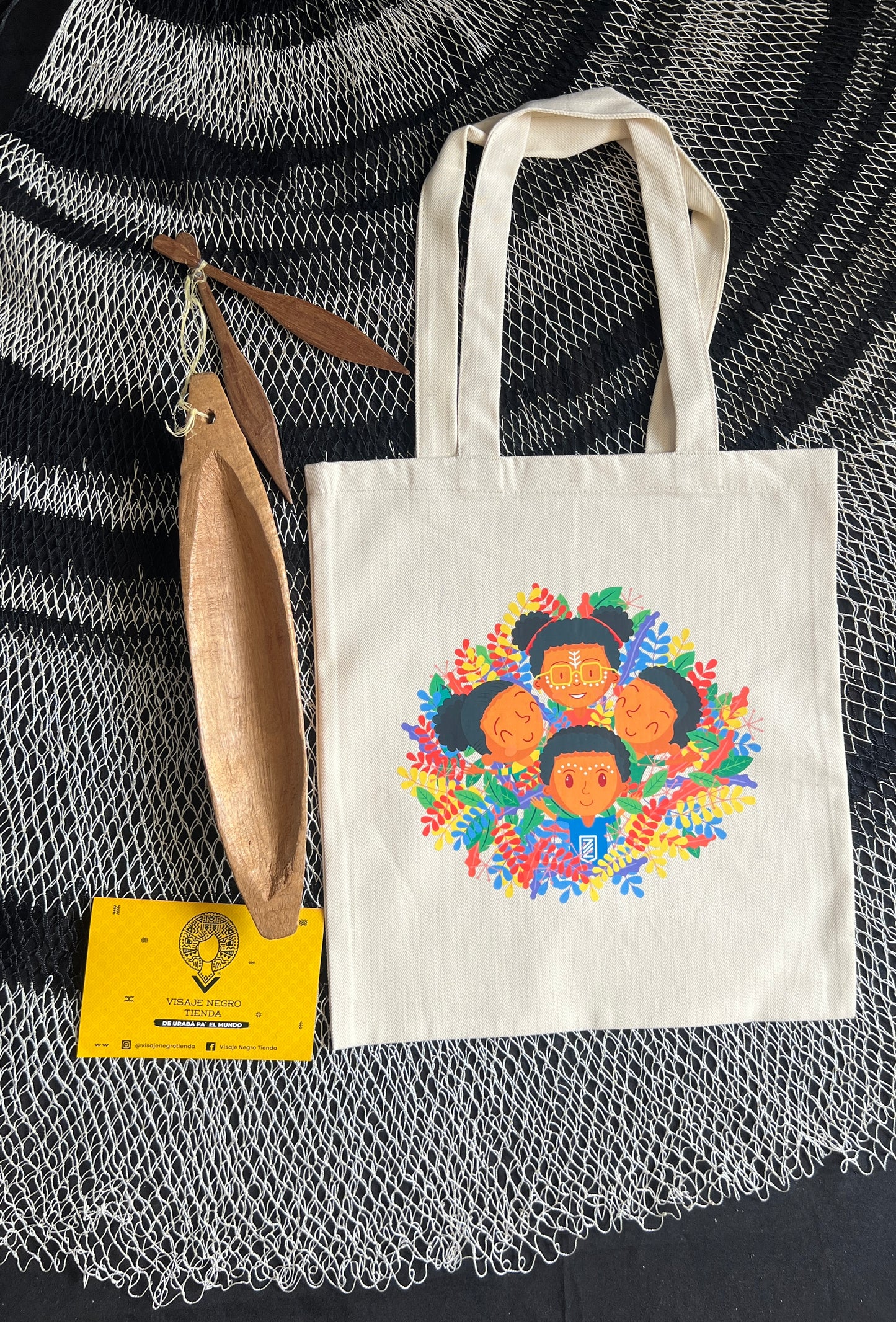 Tote bag/ bolsa de tela. Infantes redondo – diseño étnico colombiano Visaje Negro