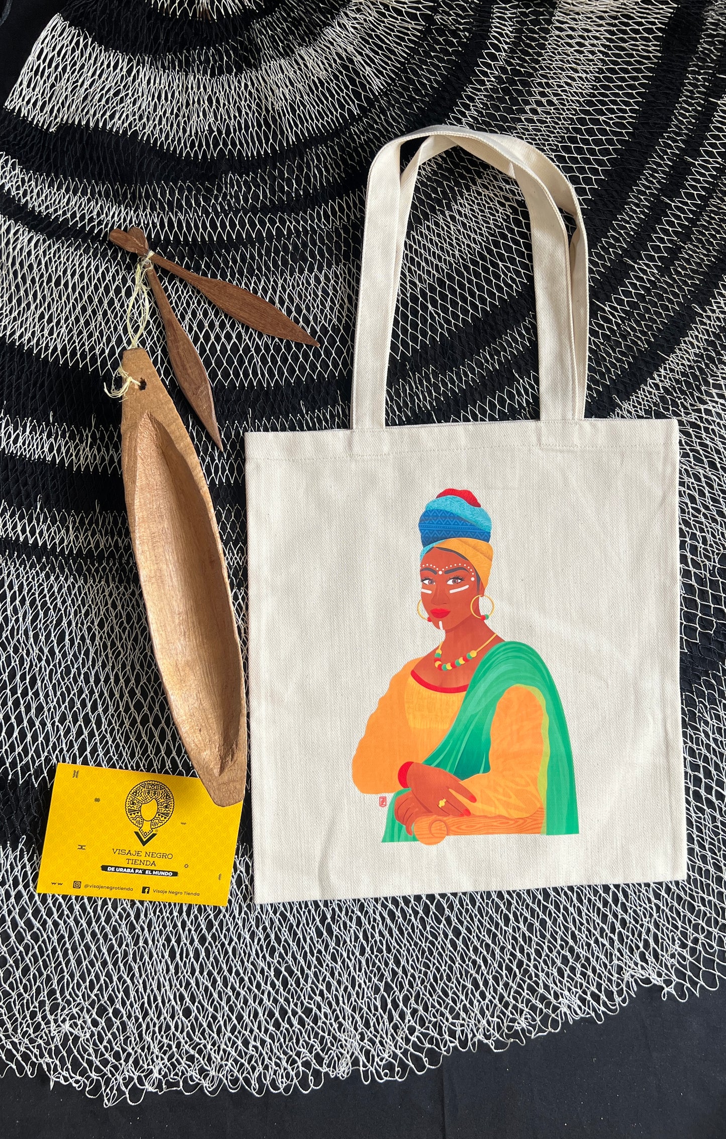 Tote bag/ bolsa de tela. Monalisa – diseño étnico colombiano Visaje Negro