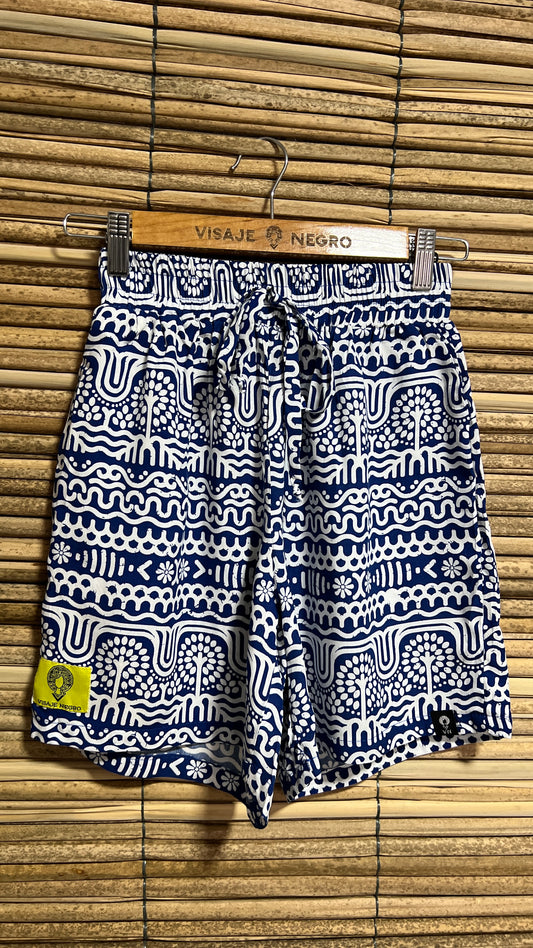 Short-mochibiris estampado estampado Río Suriquí en viscosa fresca | Visaje Negro – diseño étnico colombiano Visaje Negro