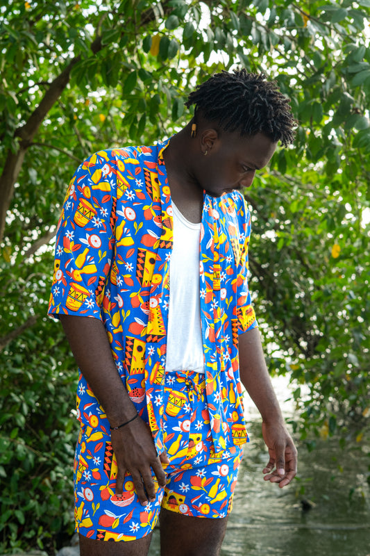 Kimono corto sin género estampado SEXTETO – 100% viscosa fresca | Visaje Negro – diseño étnico colombiano Visaje Negro
