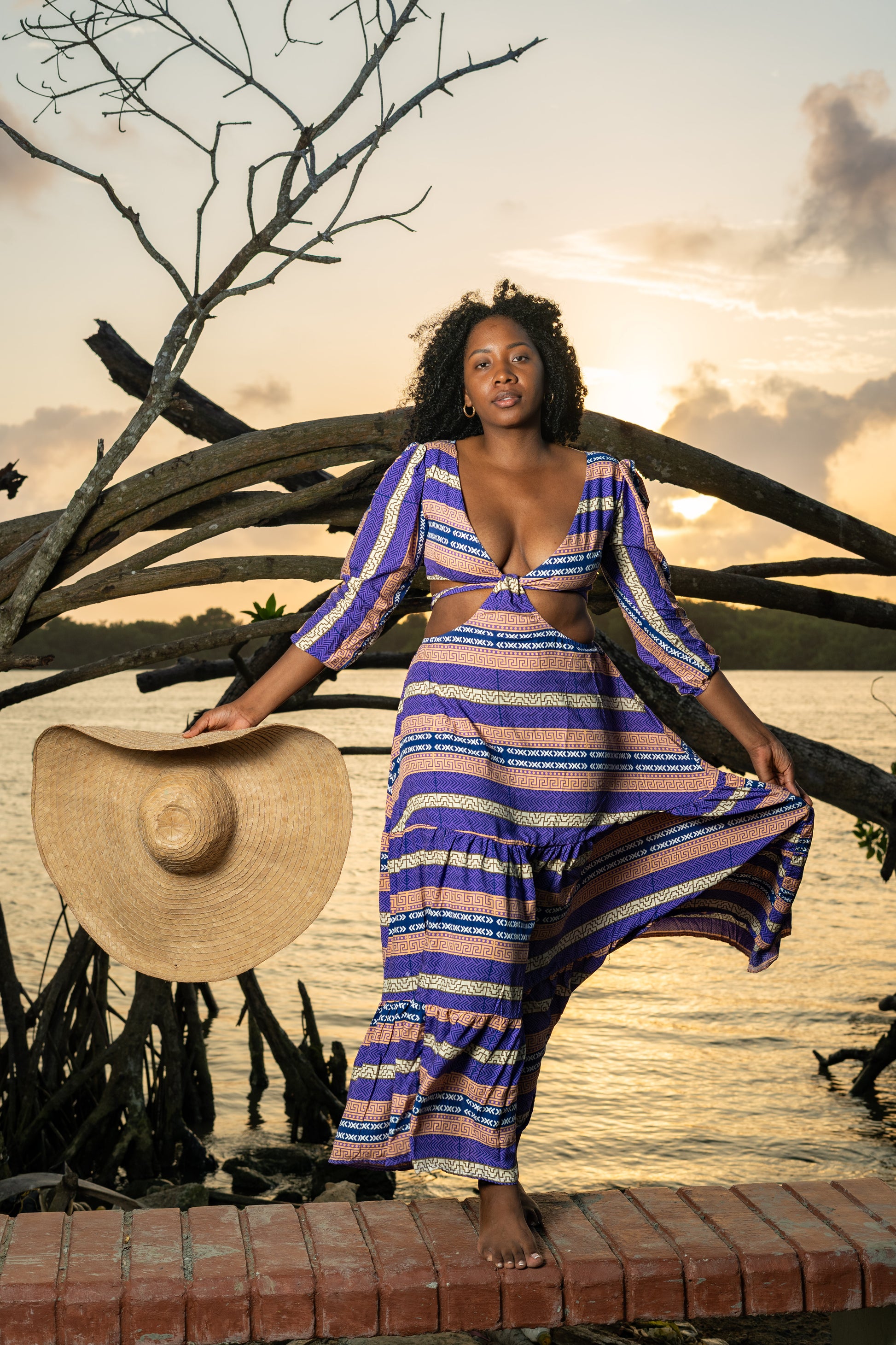 Vestido largo estampado/ Frescura Marina/ Estampado Tierra viva – diseño étnico colombiano Visaje Negro