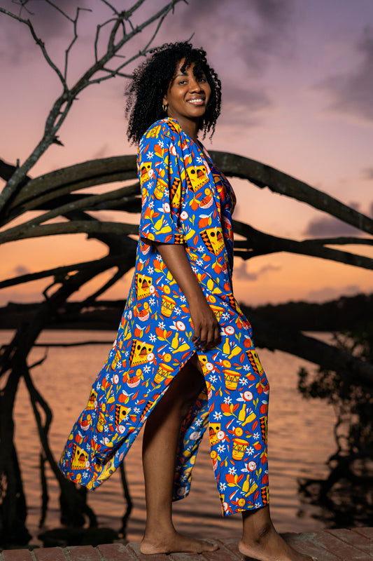 Kimono largo sin género estampado SEXTETO – 100% viscosa fresca | Visaje Negro – diseño étnico colombiano Visaje Negro