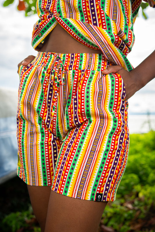 Short-mochibiris estampado Caminos en ALGODÓN | Visaje Negro – diseño étnico colombiano Visaje Negro