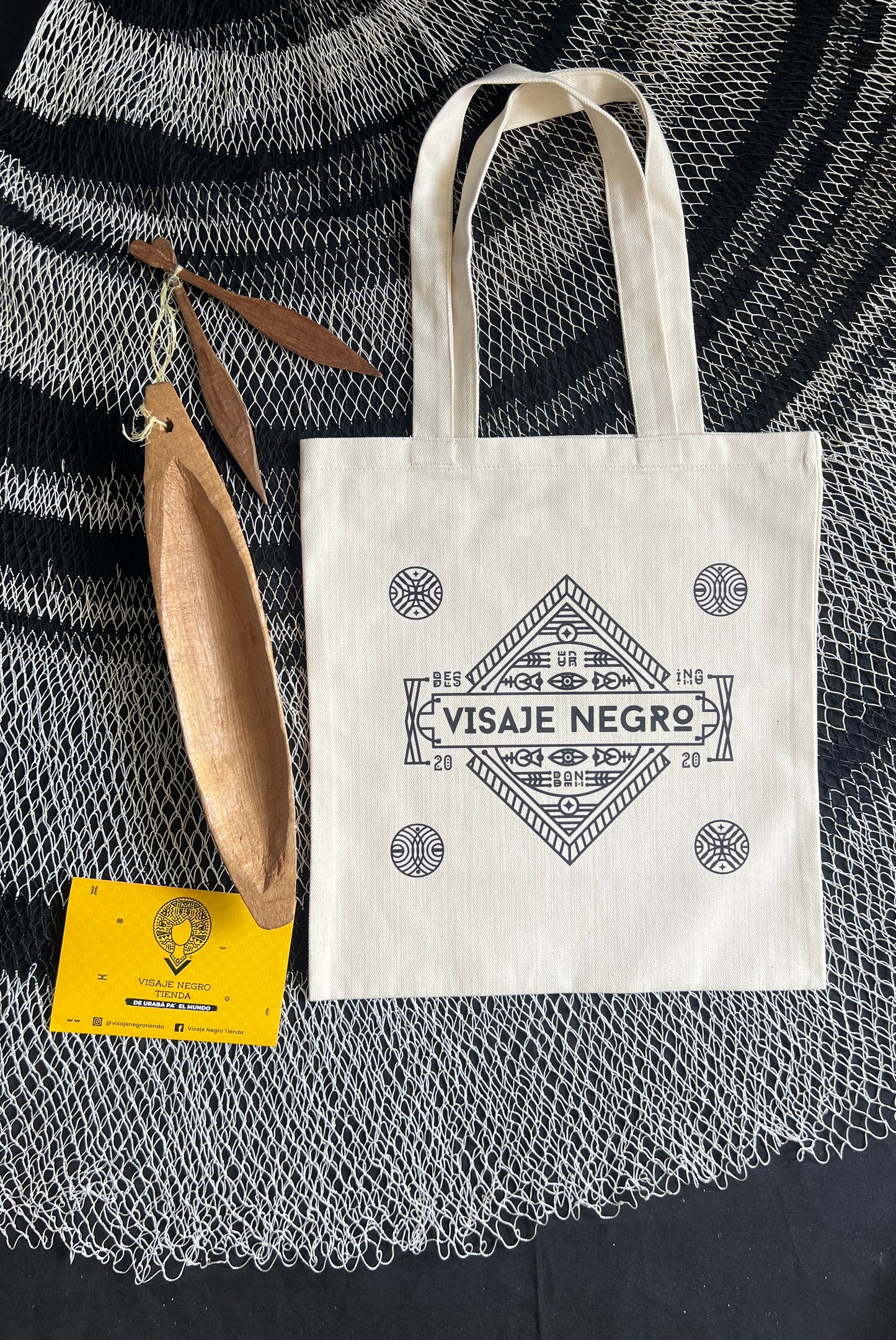 Tote bag/ bolsa de tela. Visaje Negro trival – diseño étnico colombiano Visaje Negro