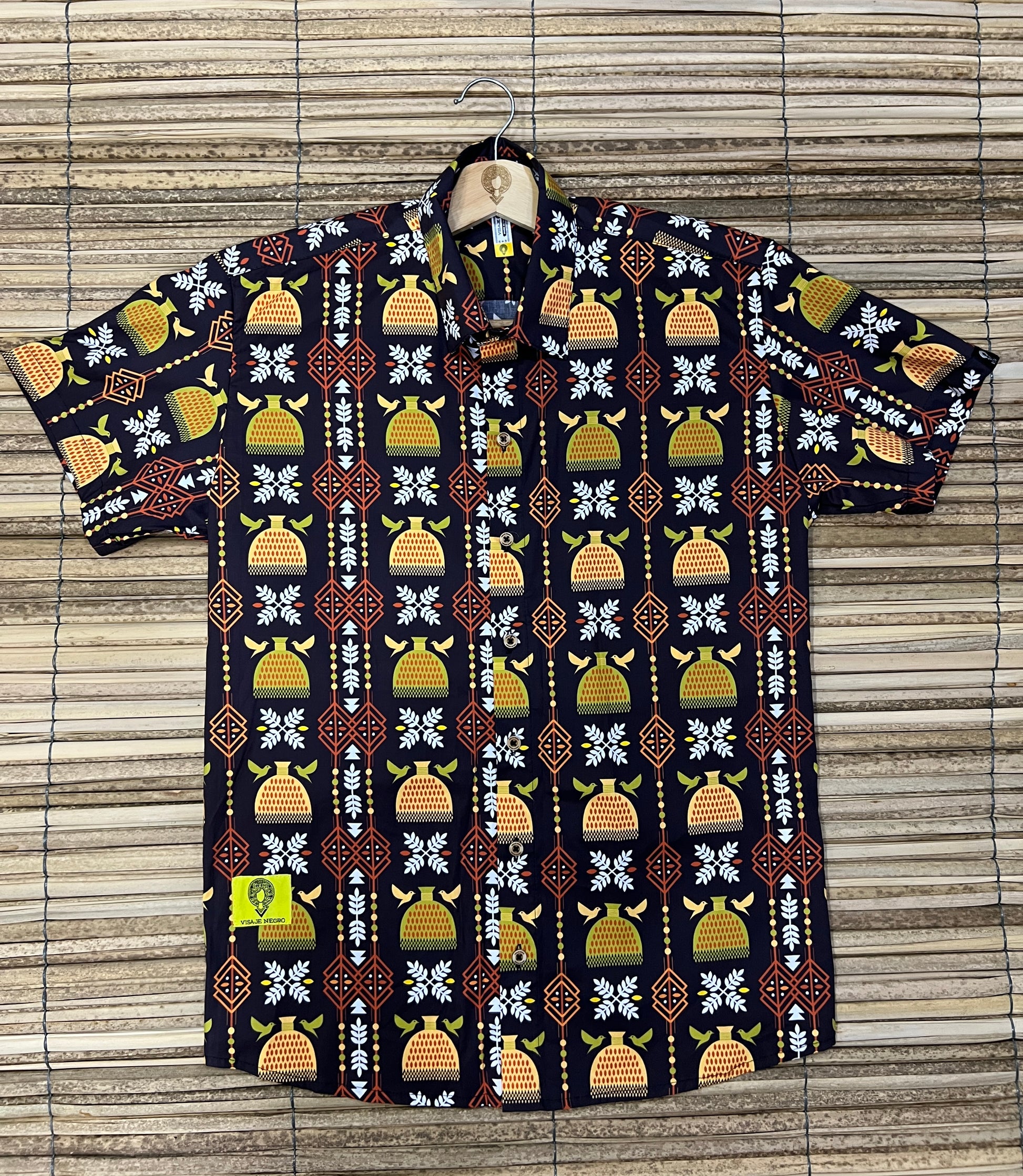 Camisa infantil PREMIUN algodón- cuello inglés- Puño de arroz – diseño étnico colombiano Visaje Negro