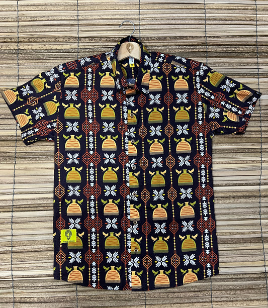 Camisa infantil PREMIUN algodón- cuello inglés- Puño de arroz – diseño étnico colombiano Visaje Negro