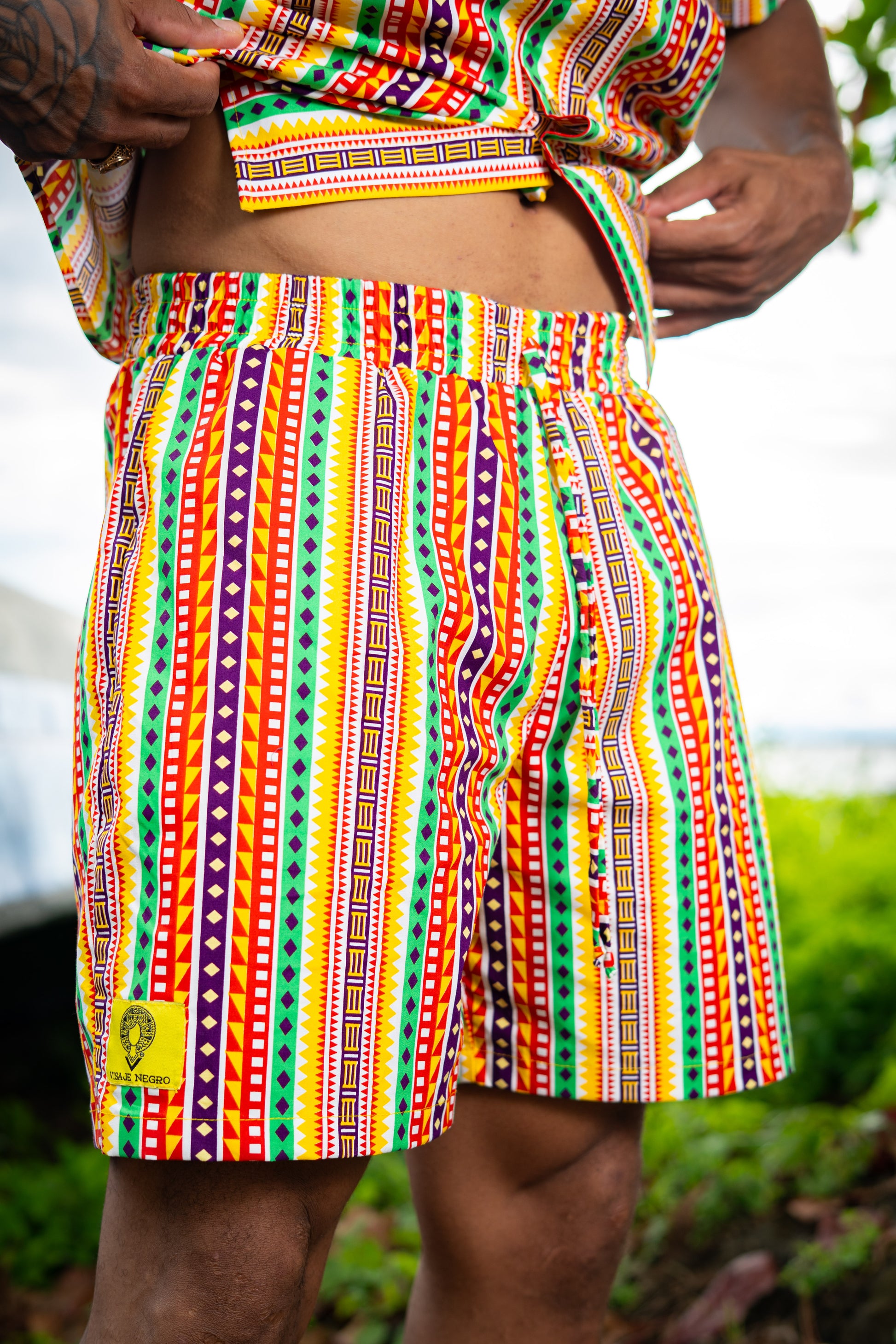 Short-mochibiris estampado Caminos en ALGODÓN | Visaje Negro – diseño étnico colombiano Visaje Negro
