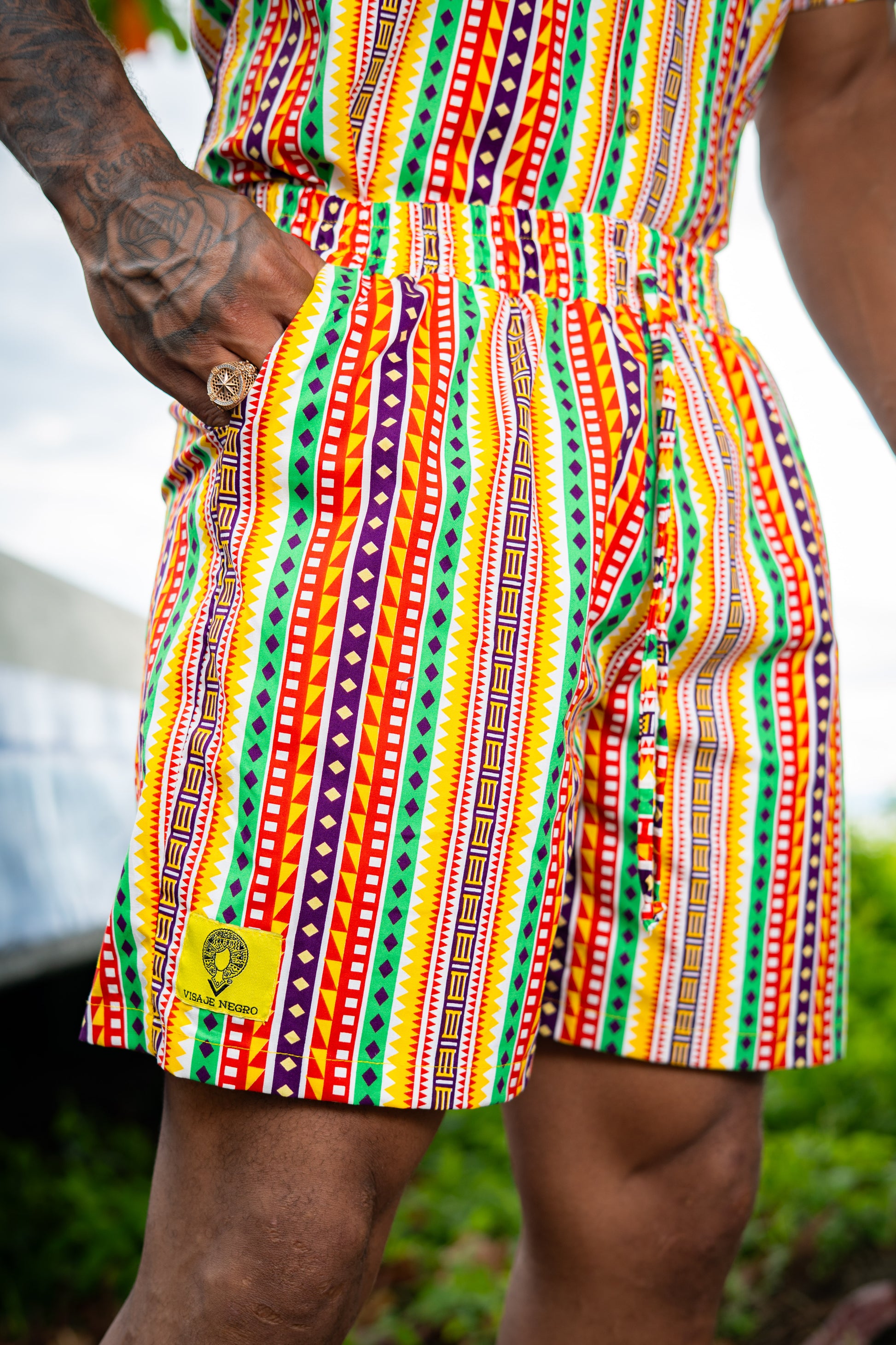 Short-mochibiris estampado Caminos en ALGODÓN | Visaje Negro – diseño étnico colombiano Visaje Negro