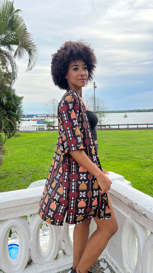 Kimono corto sin género- Diseño Puño de arroz – diseño étnico colombiano Visaje Negro