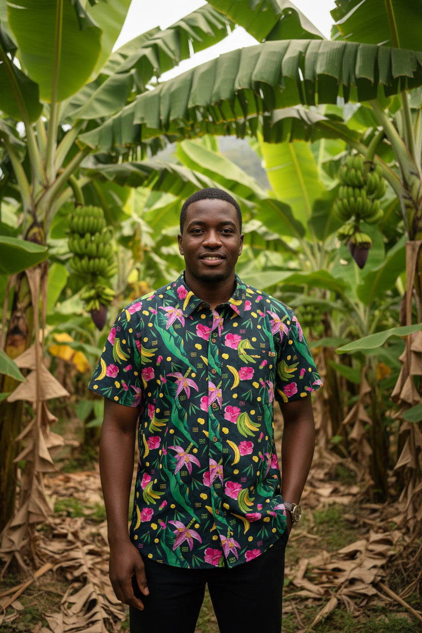 Camisa  Premiun ALGODÓN cuello inglés- La tajá – diseño étnico colombiano Visaje Negro