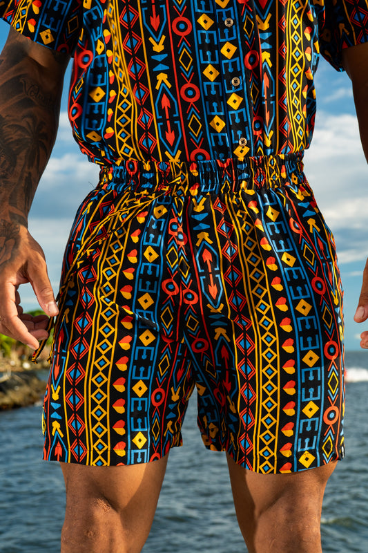 Short-mochibiris estampado El Alba en viscosa fresca | Visaje Negro – diseño étnico colombiano Visaje Negro
