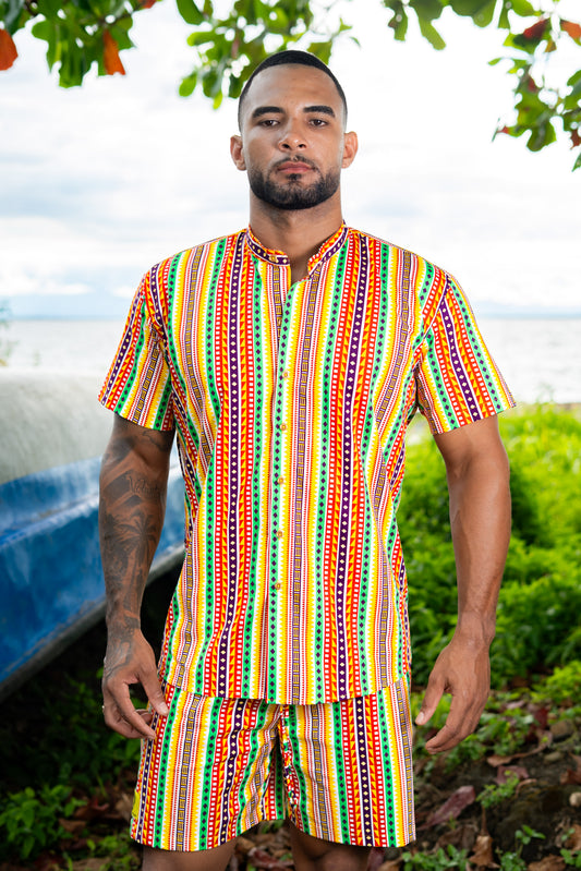 Camisa Premiun ALGODÓN sin género manga corta estampado CAMINOS con cuello NERÚ| Visaje Negro – diseño étnico colombiano Visaje Negro