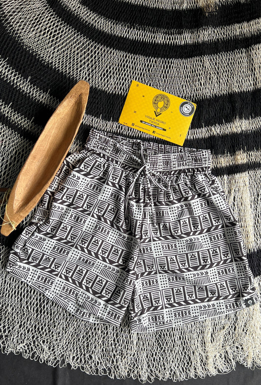 Short-mochibiris estampado Vaivén de peces B/N – diseño étnico colombiano Visaje Negro
