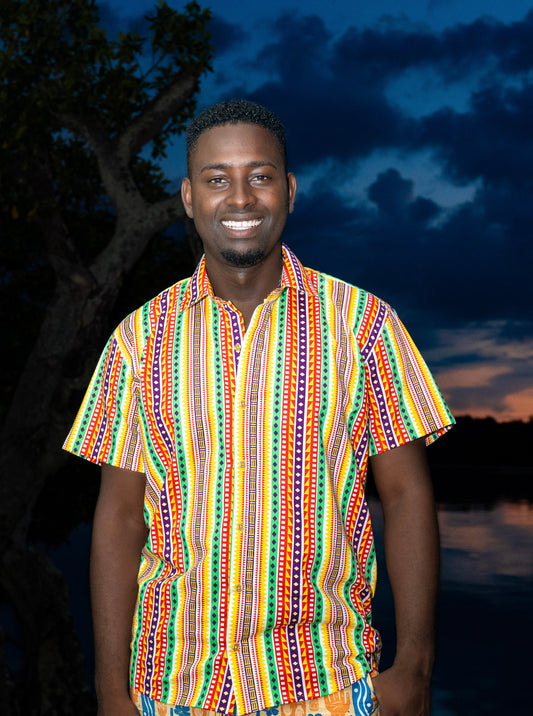 Camisa Premiun ALGODÓN sin género manga corta estampado CAMINOS con cuello INGLÉS| Visaje Negro – diseño étnico colombiano Visaje Negro