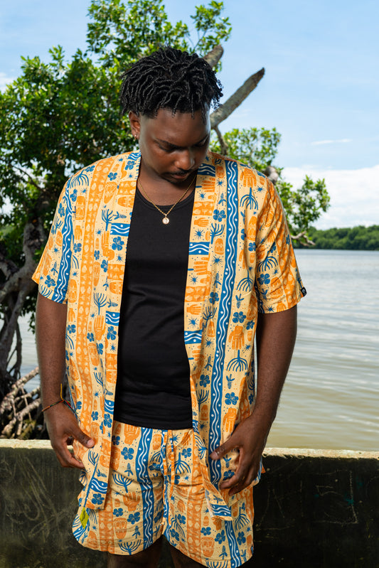 Kimono corto sin género estampado BULLA Y PESCA – 100% viscosa fresca | Visaje Negro – diseño étnico colombiano Visaje Negro
