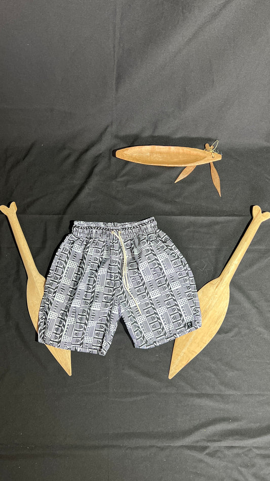 Pantaloneta de baño- vaivén de peces B/N – diseño étnico colombiano Visaje Negro