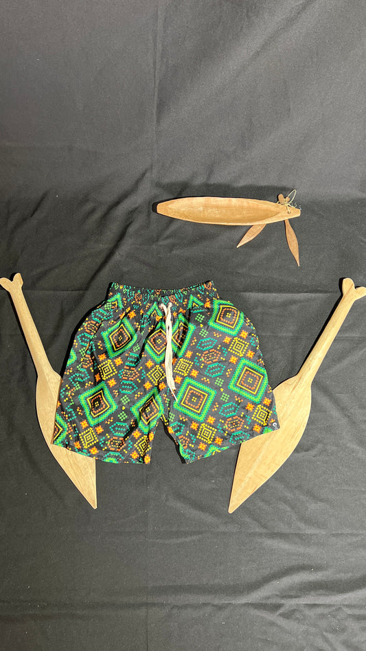 Pantaloneta de baño- Rombos de carambolo – diseño étnico colombiano Visaje Negro