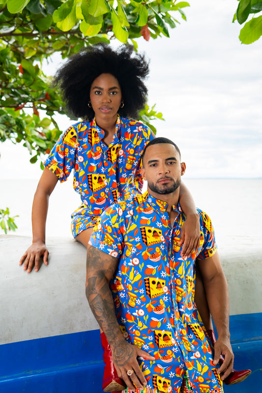 Camisón sin género estampada Noches de Sexteto   en viscosa fresca con cuello nerú | Visaje Negro – diseño étnico colombiano Visaje Negro